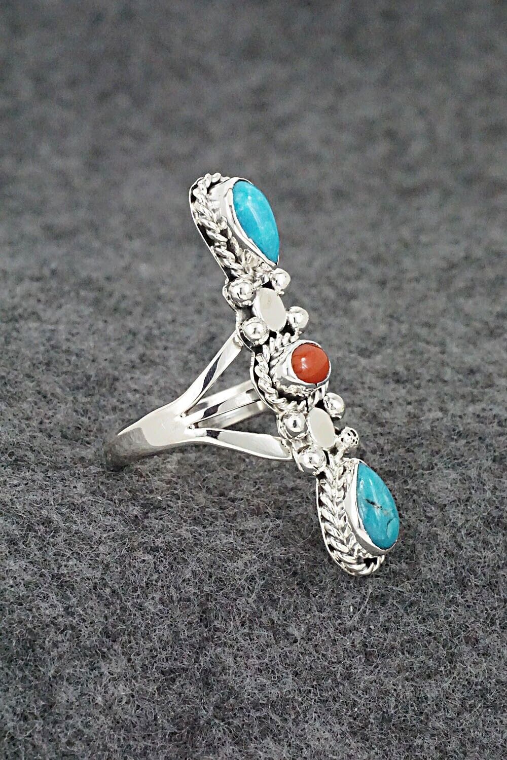 Turquoise, Coral & Sterling Silver Ring - Andrew Vandever - Size 7