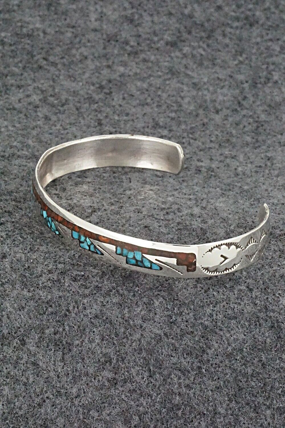 Turquoise, Coral Chip Inlay & Sterling Silver Bracelet - Joleen Yazzie