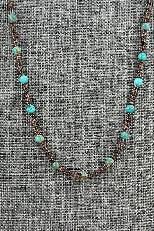 Turquoise, Shell & Sterling Silver Necklace 24" - Ramona Bird