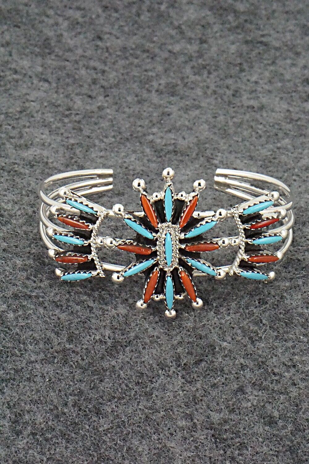 Turquoise, Coral & Sterling Silver Bracelet - Jack Etsate