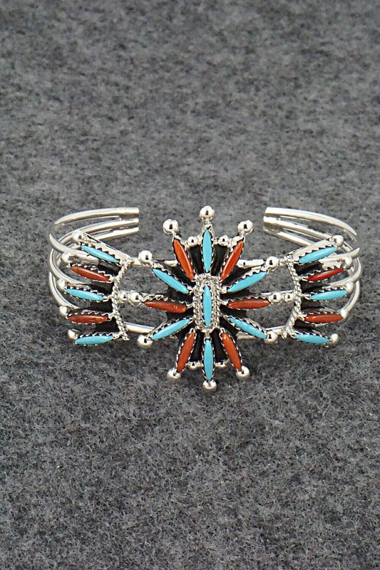 Turquoise, Coral & Sterling Silver Bracelet - Jack Etsate