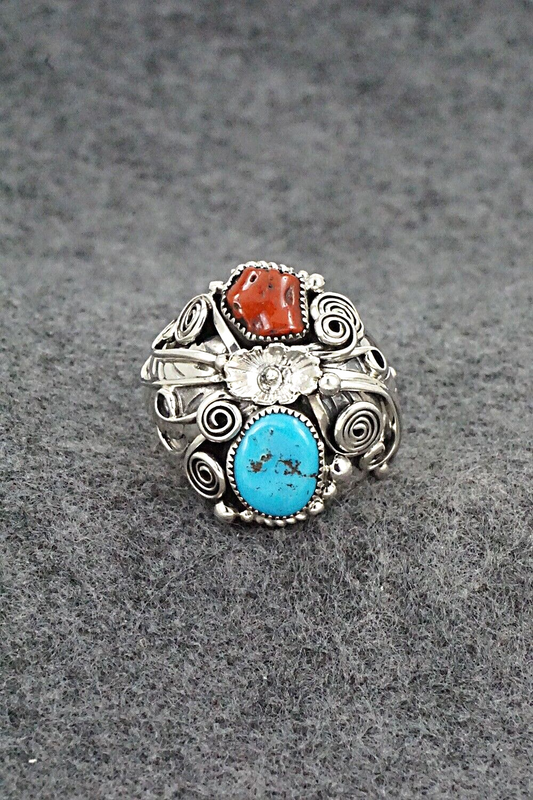 Turquoise, Coral & Sterling Silver Ring - Sarah Yazzie - Size 10.5