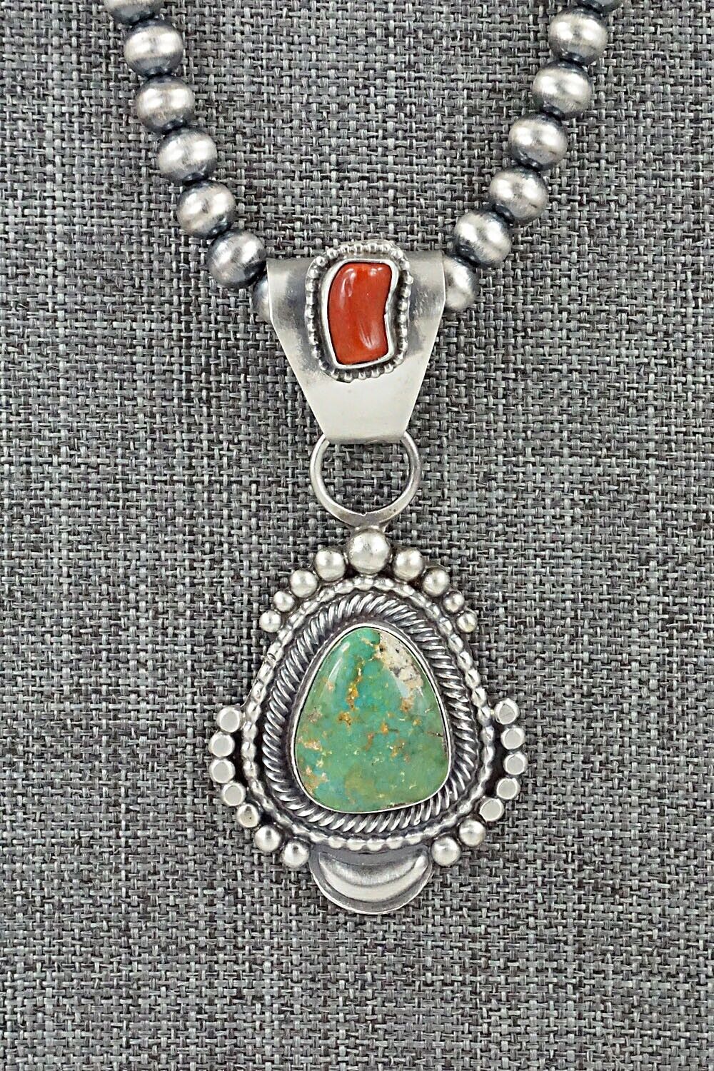 Turquoise, Coral & Sterling Silver Necklace - Tom Lewis