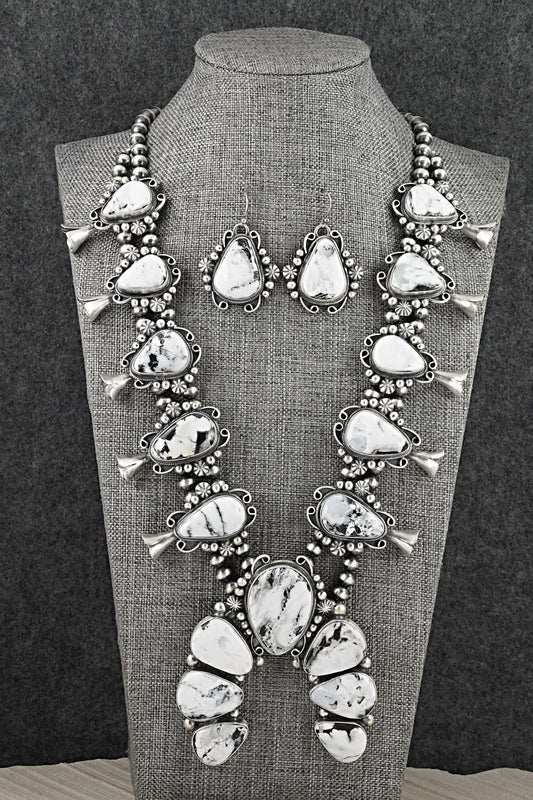 White Buffalo & Sterling Silver Squash Blossom Set - Paul Livingston