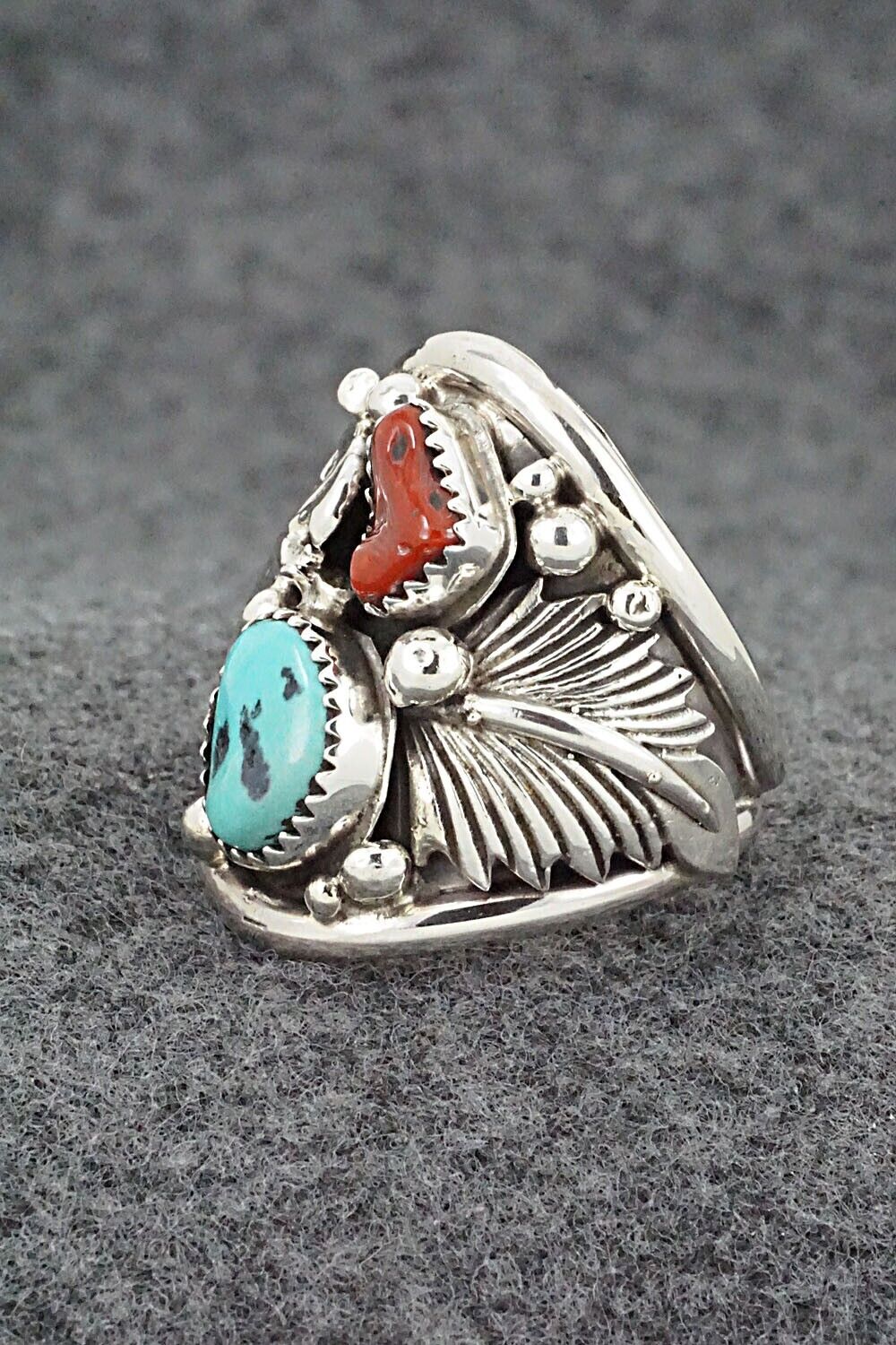 Turquoise, Coral & Sterling Silver Ring - Jeannette Saunders - Size 9.75