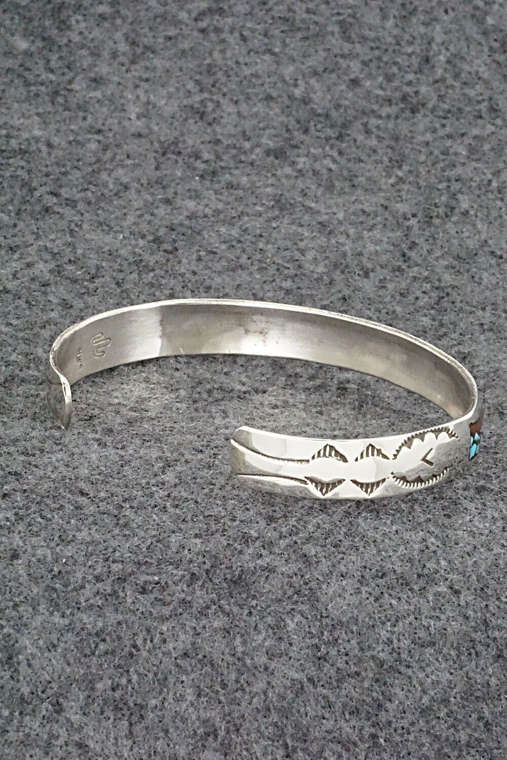 Turquoise, Coral Chip Inlay & Sterling Silver Bracelet - Joleen Yazzie