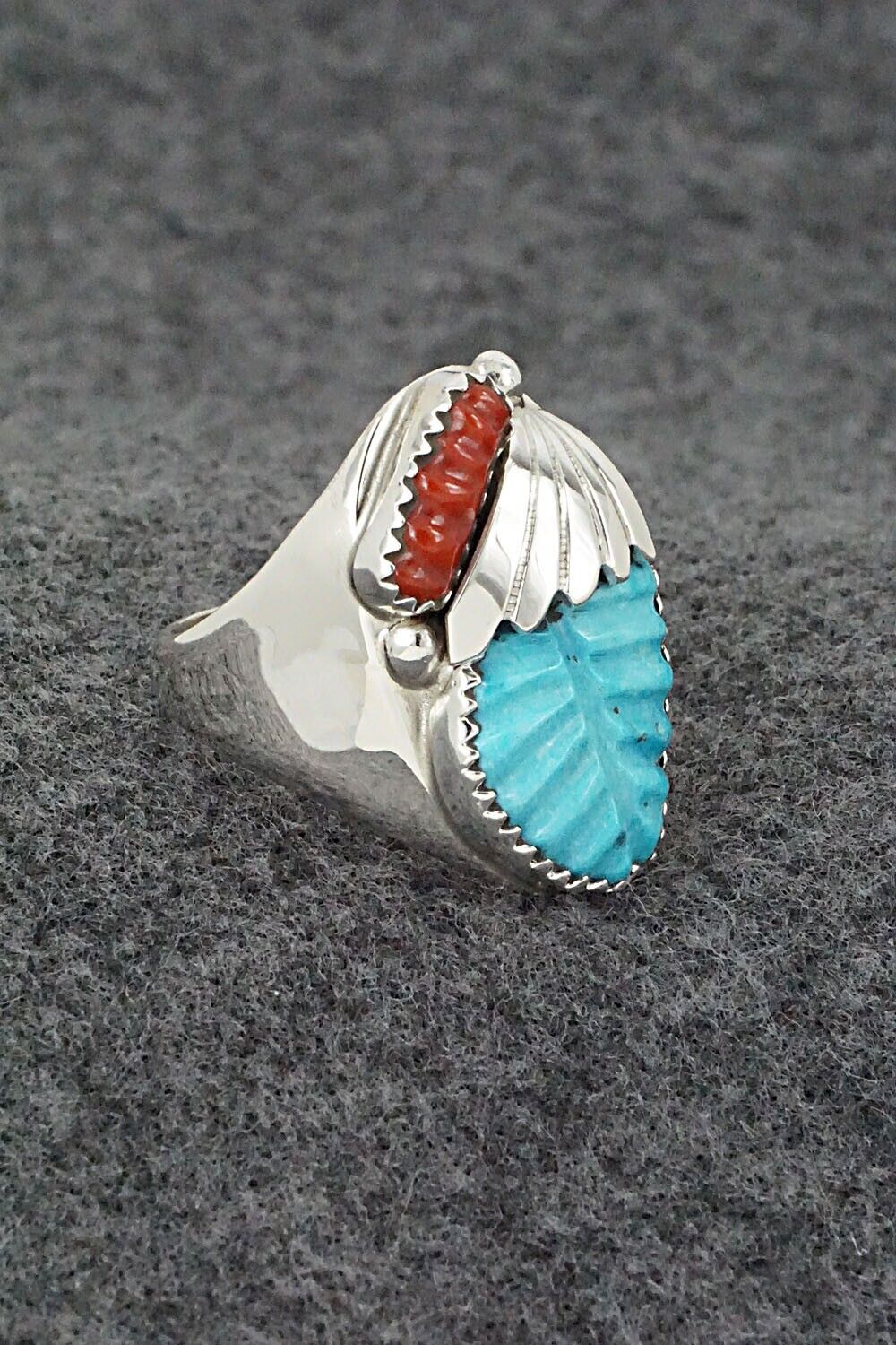 Coral, Turquoise & Sterling Silver Ring - Lyolita Tsattie - Size 9.5