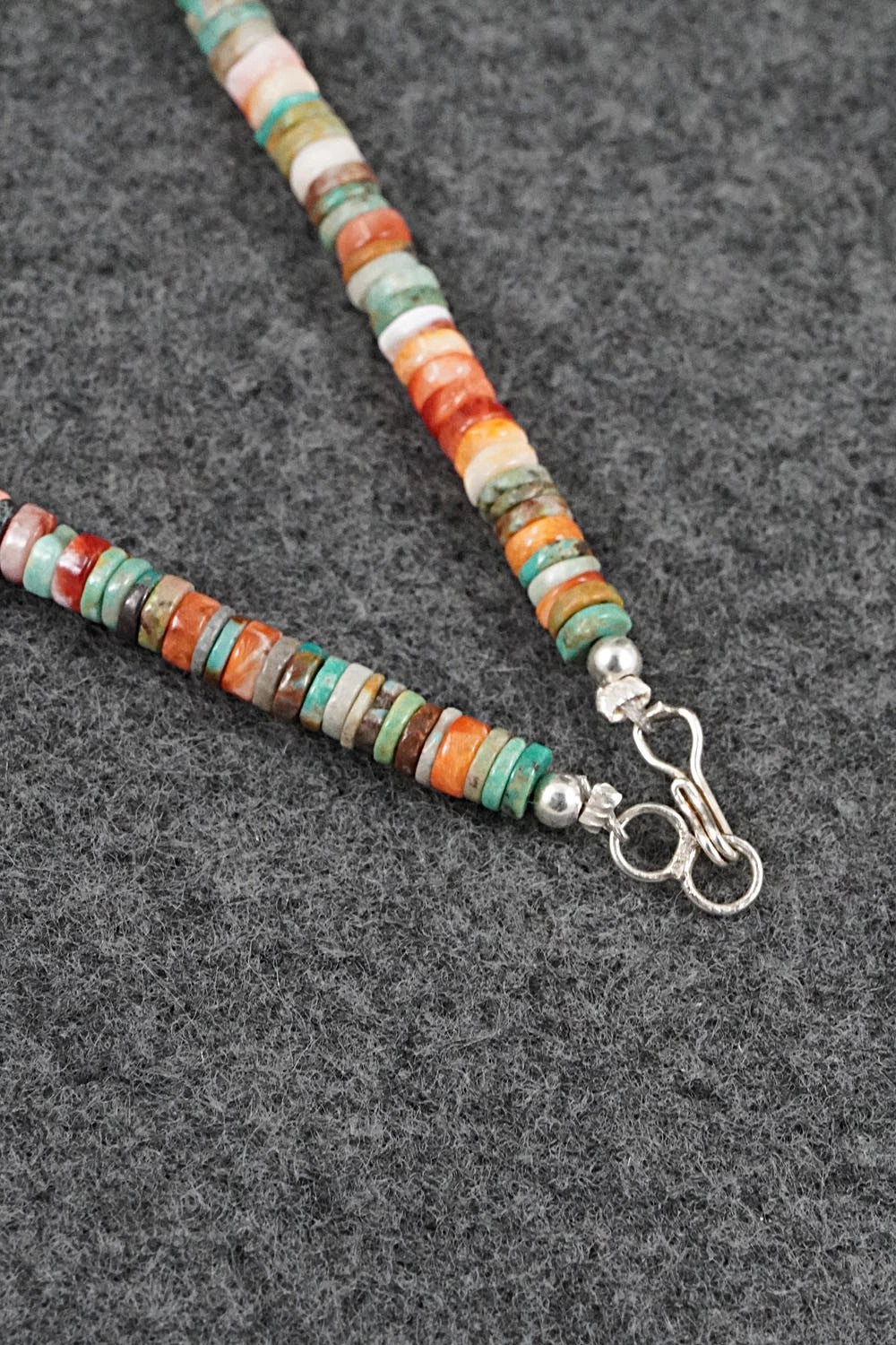 Turquoise, Spiny Oyster & Sterling Silver Necklace 17" - Doreen Jake