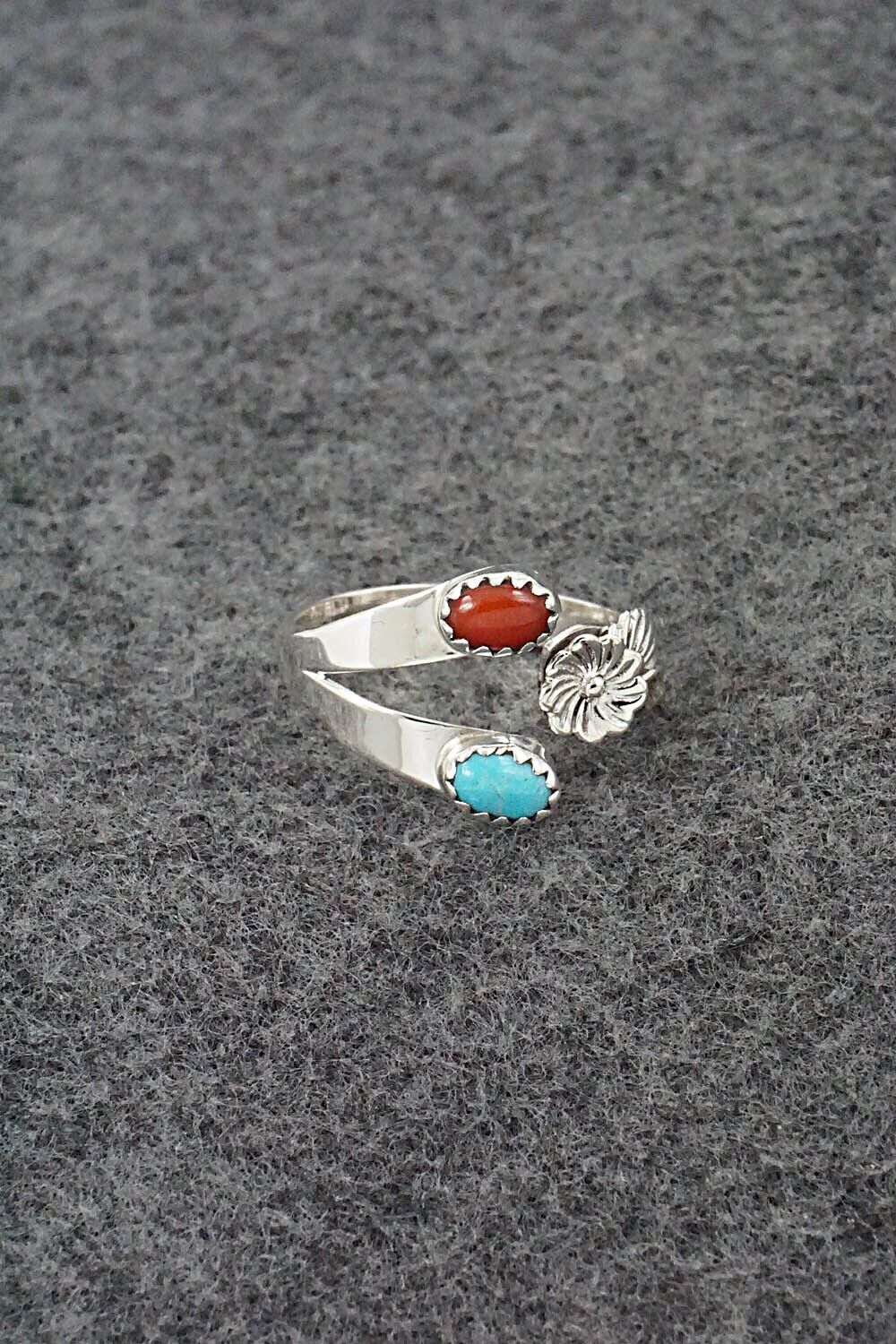 Turquoise, Coral & Sterling Silver Ring - Robert Martinez - Size 8