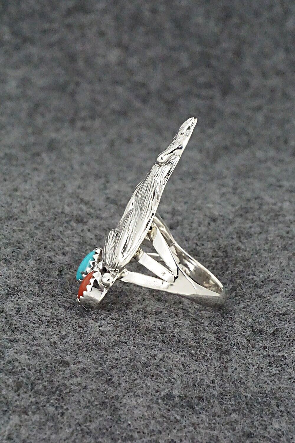 Turquoise, Coral & Sterling Silver Ring - Jerryson Henio - Size 6