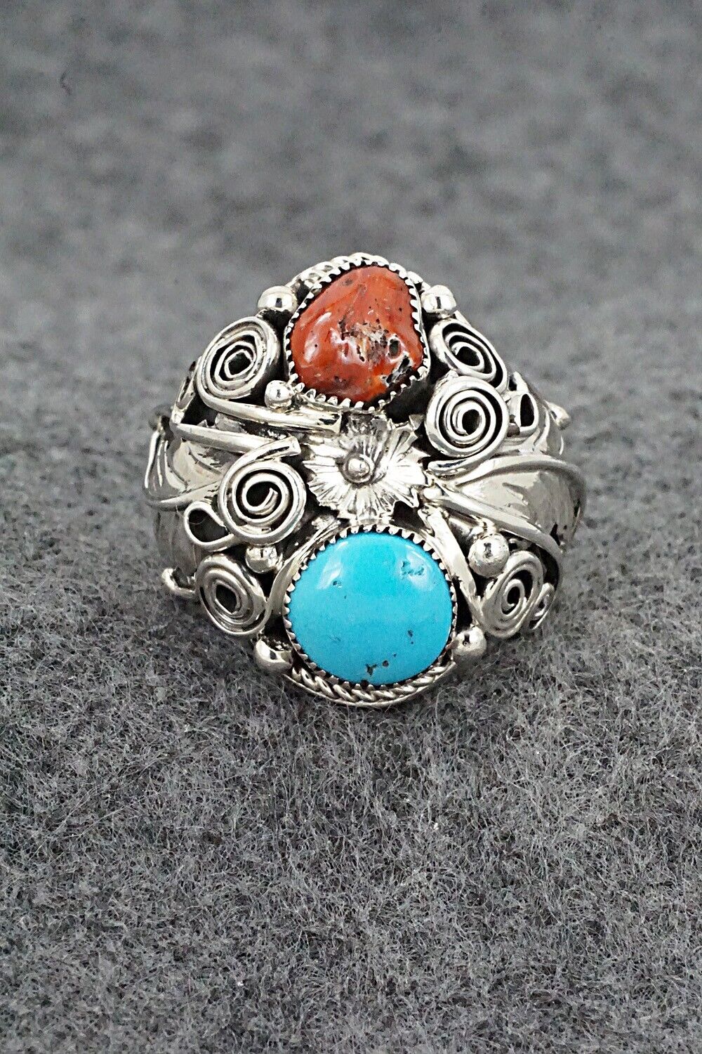 Turquoise, Coral & Sterling Silver Ring - Sarah Yazzie - Size 10