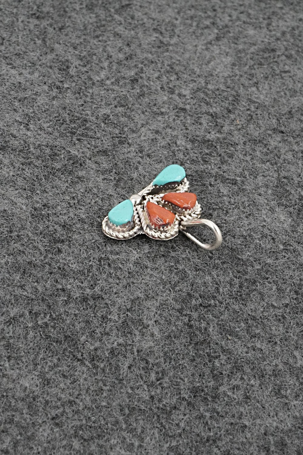 Coral, Turquoise & Sterling Silver Pendant - Huberta Lonjose