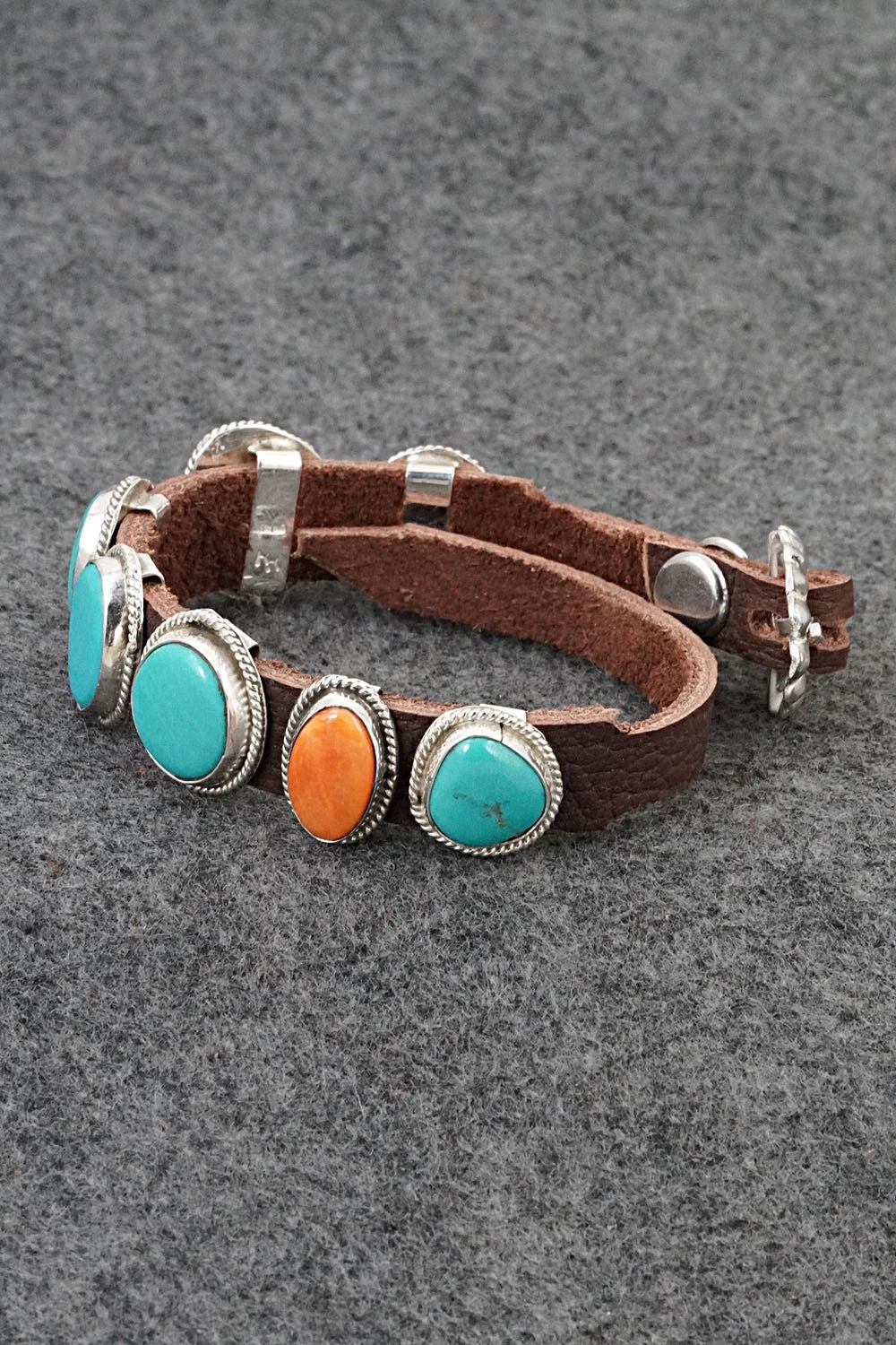 Turquoise, Spiny Oyster, Sterling Silver & Leather Bracelet - Rosita Charlie