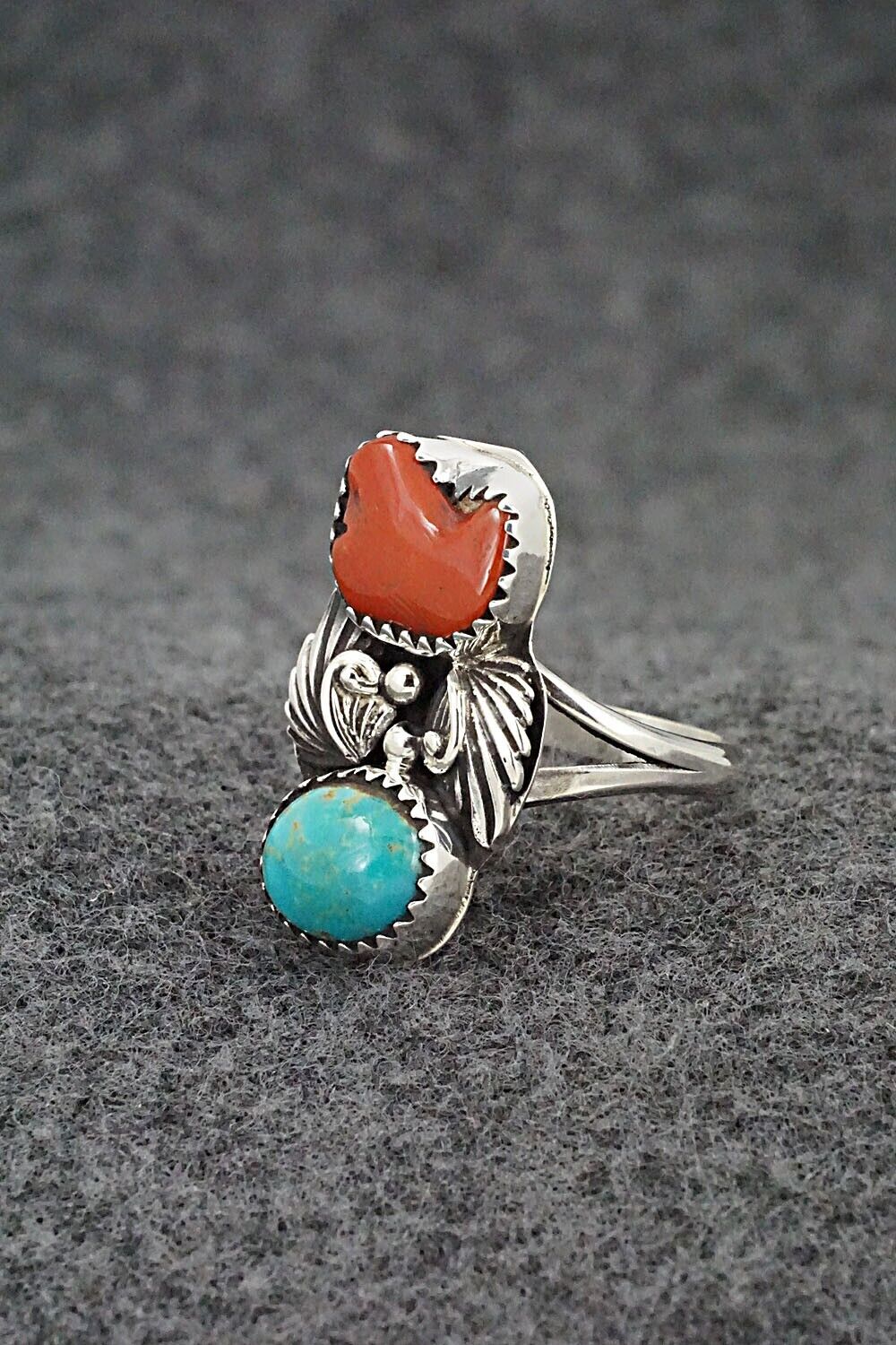 Coral, Turquoise & Sterling Silver Ring - Alice Rose Saunders - Size 7