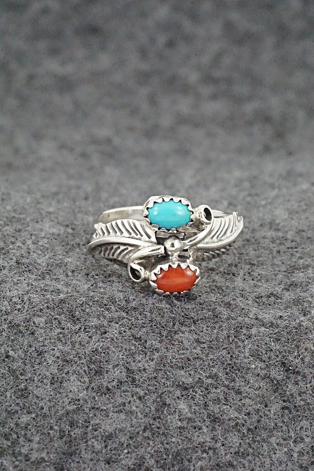 Turquoise, Coral & Sterling Silver Ring - Harry B. Yazzie - Size 6.75