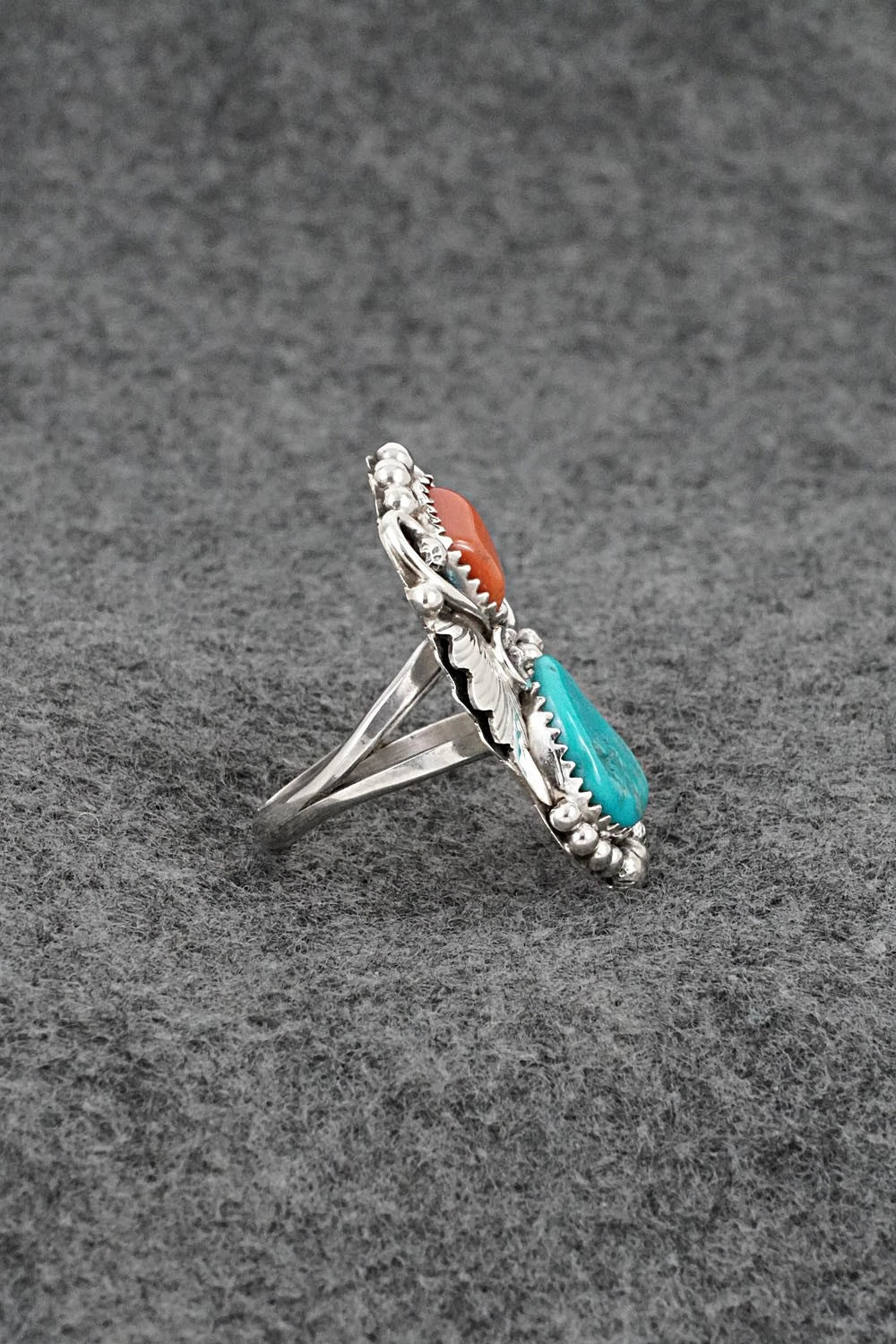 Turquoise, Coral & Sterling Silver Ring - Herbert Begaye - Size 8