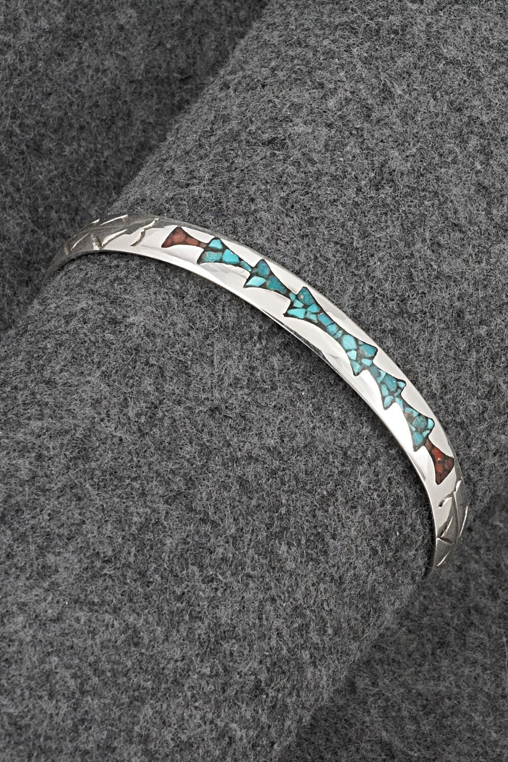Turquoise, Coral Chip Inlay & Sterling Silver Bracelet - Joleen Yazzie