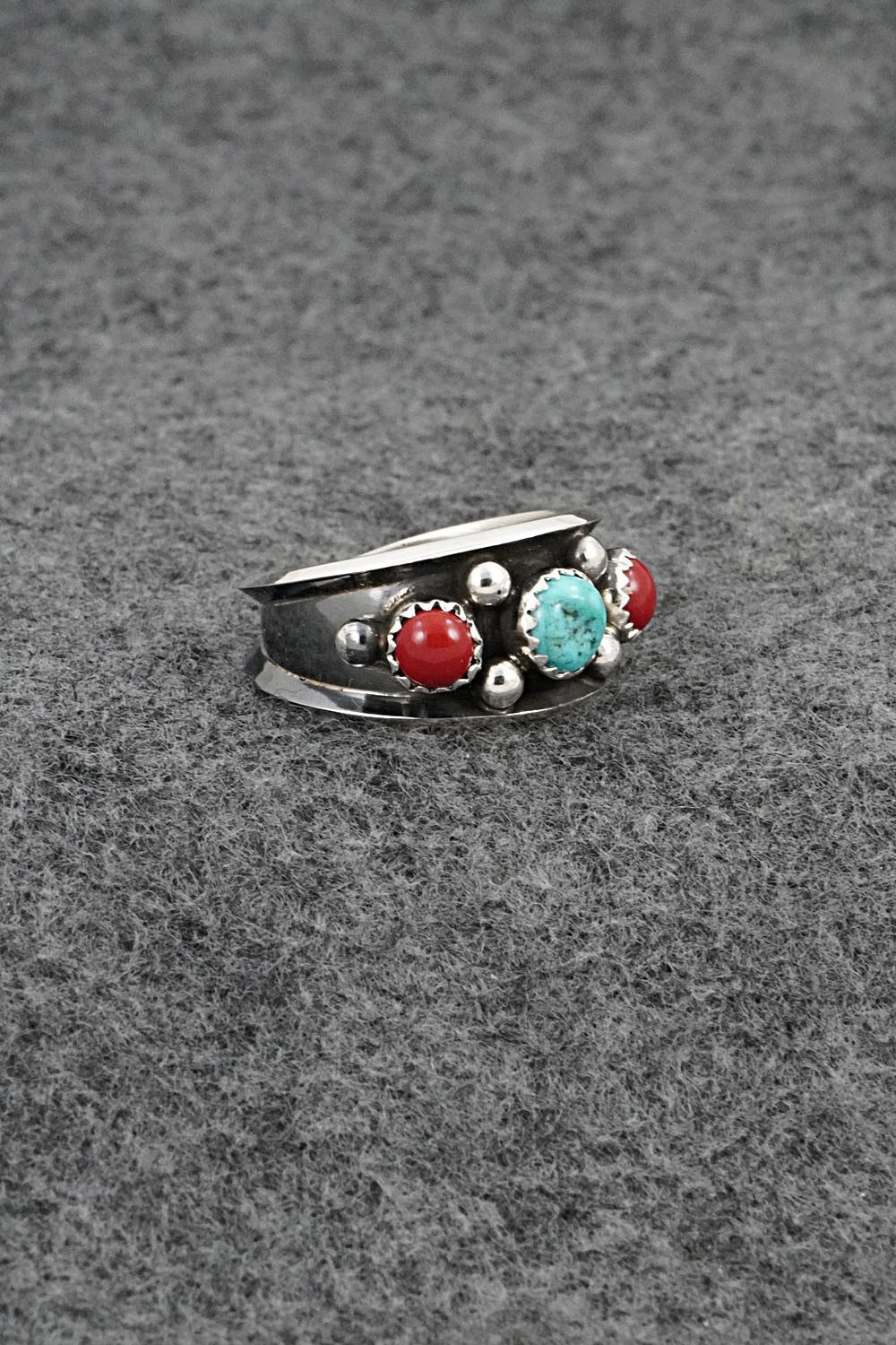 Turquoise, Coral & Sterling Silver Ring - Paul Largo - Size 9.5