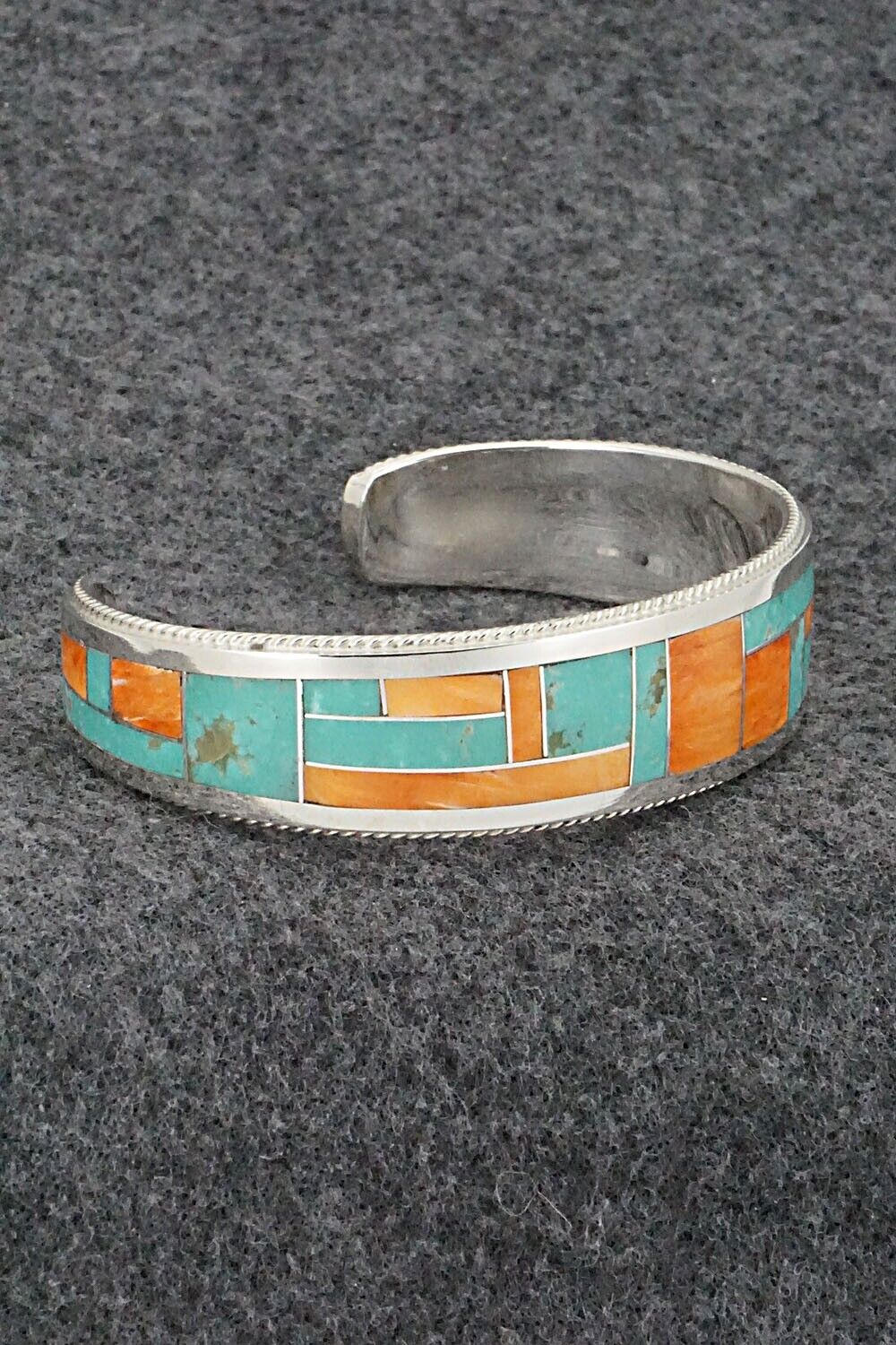 Turquoise, Spiny Oyster & Sterling Silver Inlay Bracelet - Glendora Booqua