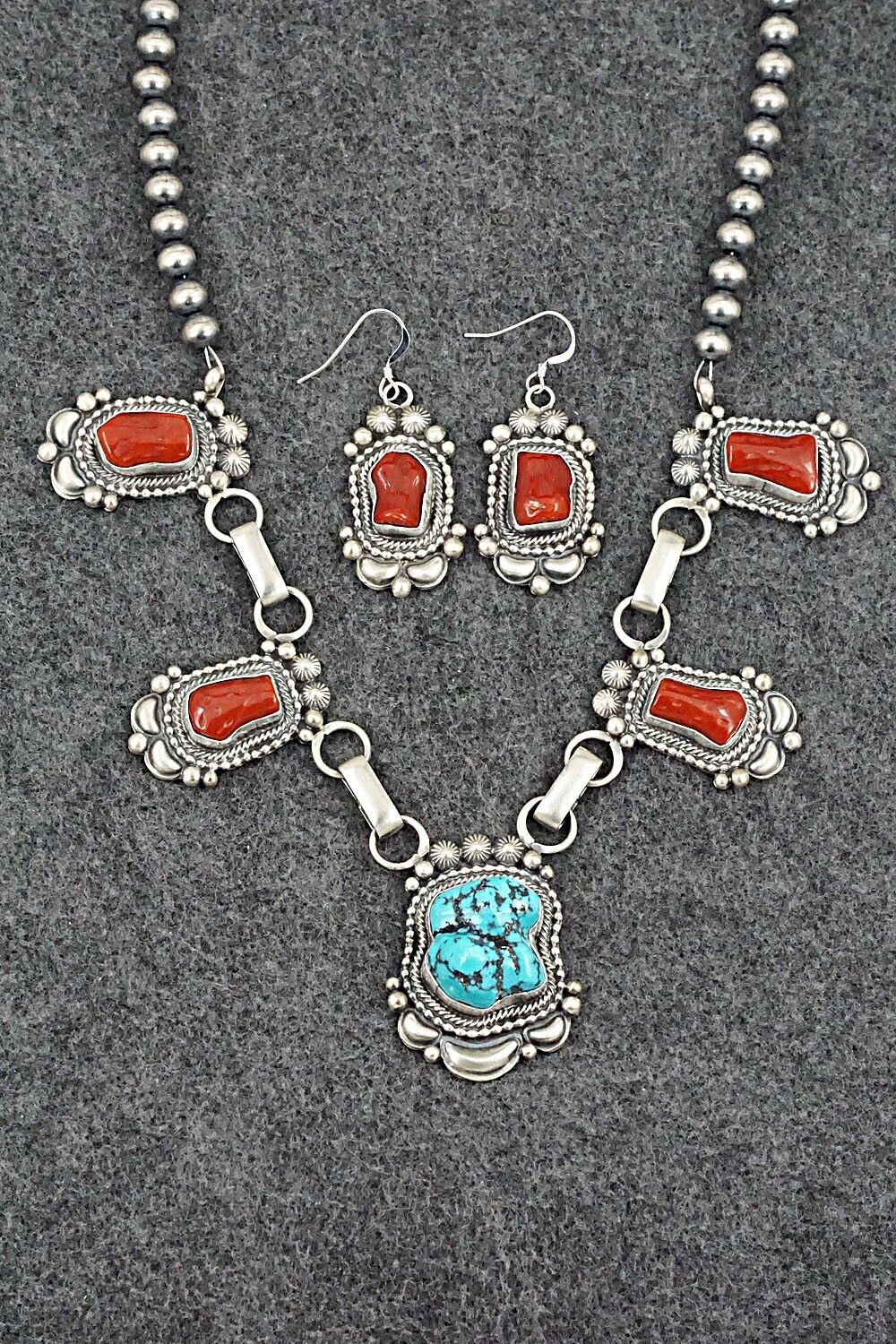 Turquoise, Coral & Sterling Silver Necklace and Earrings Set - Tom Lewis