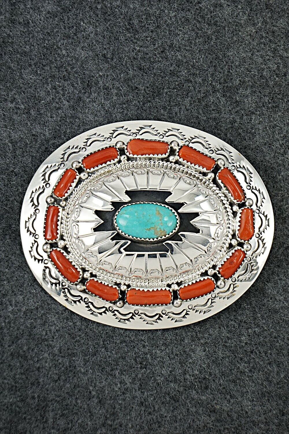 Turquoise, Coral & Sterling Silver Belt Buckle - Wilbert Muskett Sr.