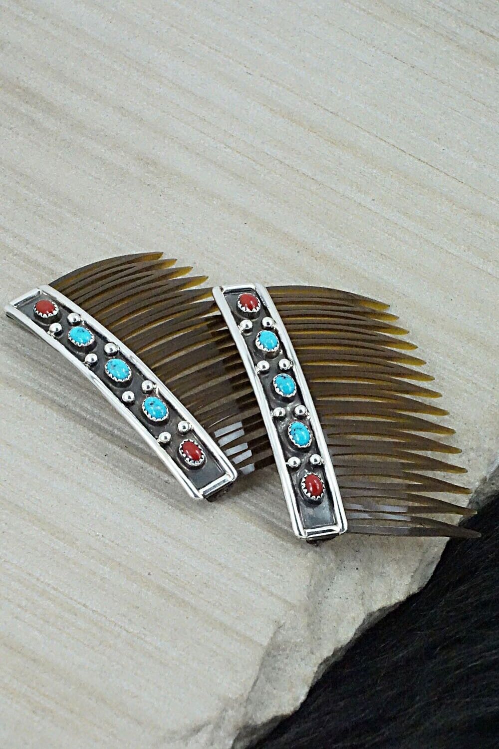 Turquoise, Coral & Sterling Silver Hair Combs - Paul Largo