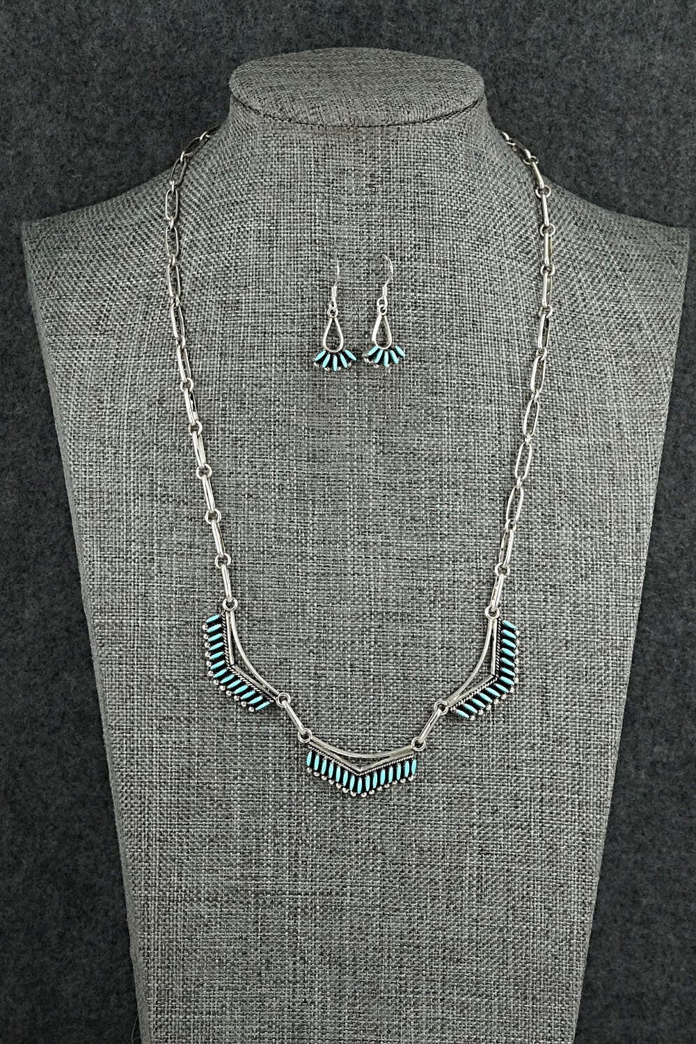 Turquoise & Sterling Silver Necklace and Earrings Set - Mildred Ukestine