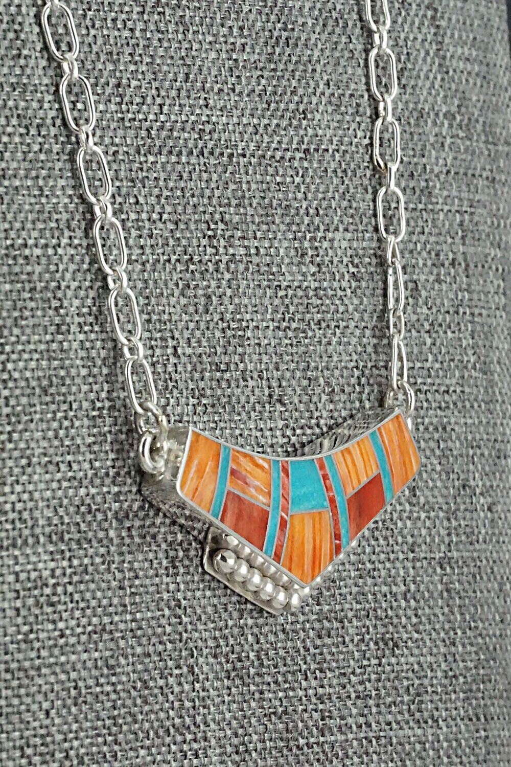 Turquoise, Spiny Oyster & Sterling Silver Inlay Necklace - Curtis Manygoats