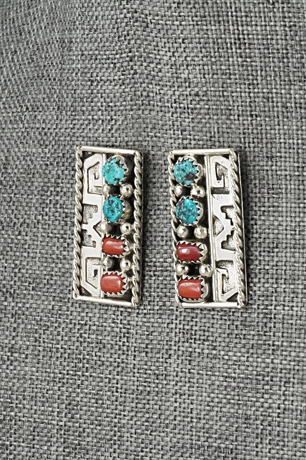 Turquoise, Coral & Sterling Silver Earrings - Ronnie Spencer