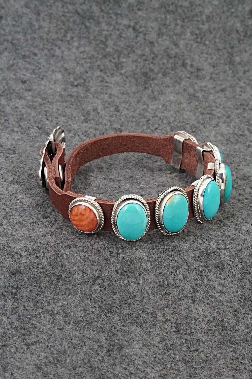 Turquoise, Spiny Oyster, Sterling Silver & Leather Bracelet - Bonnie Willie