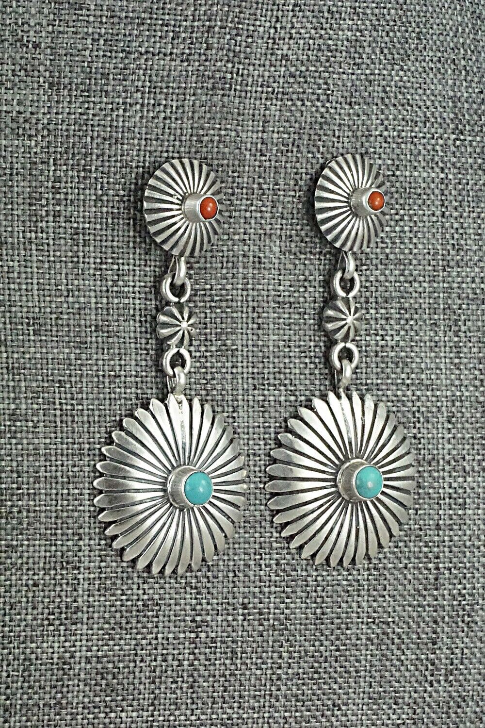 Turquoise, Coral & Sterling Silver Earrings - Verley Betone