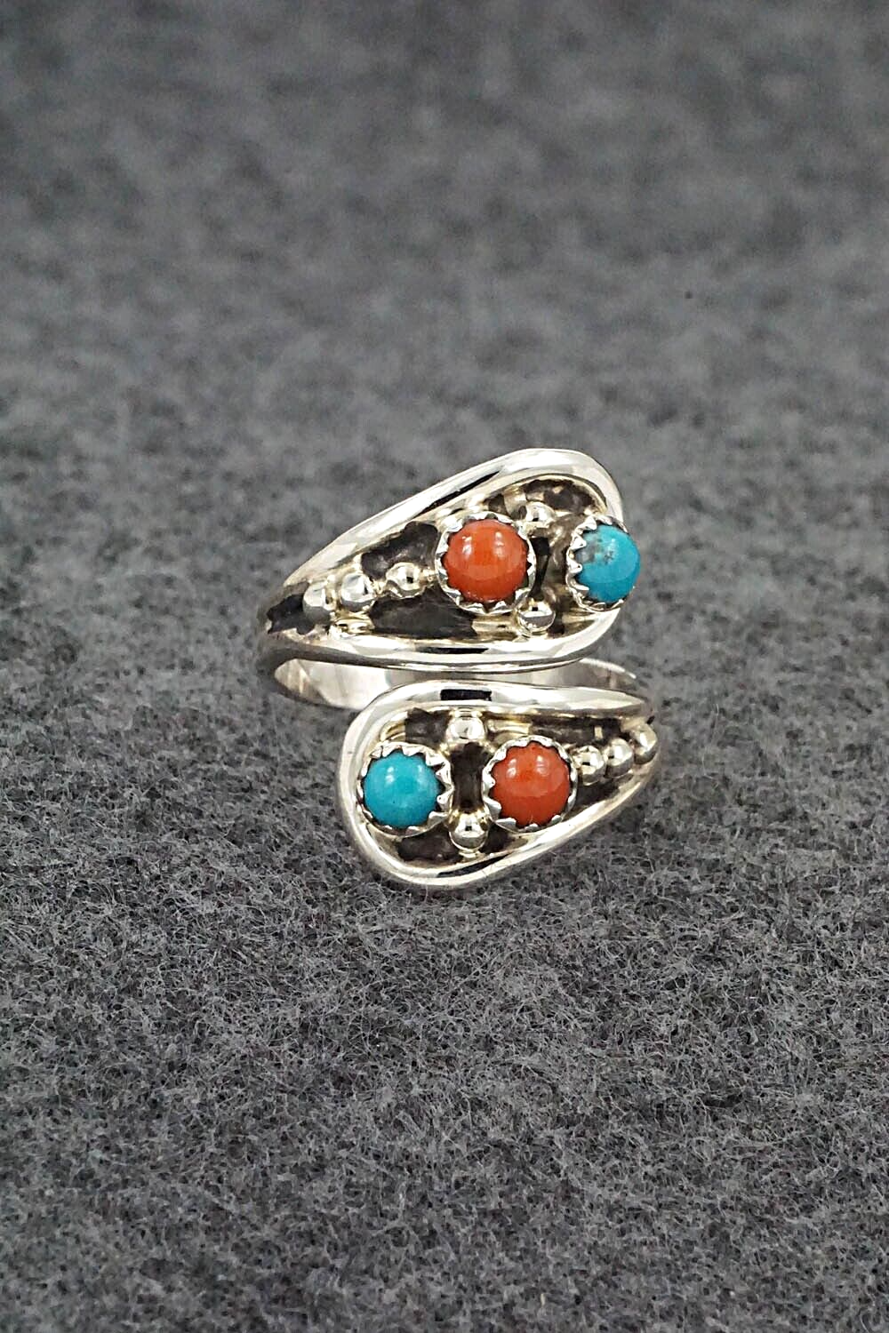 Turquoise, Coral & Sterling Silver Ring - Genevieve Francisco - Size 7