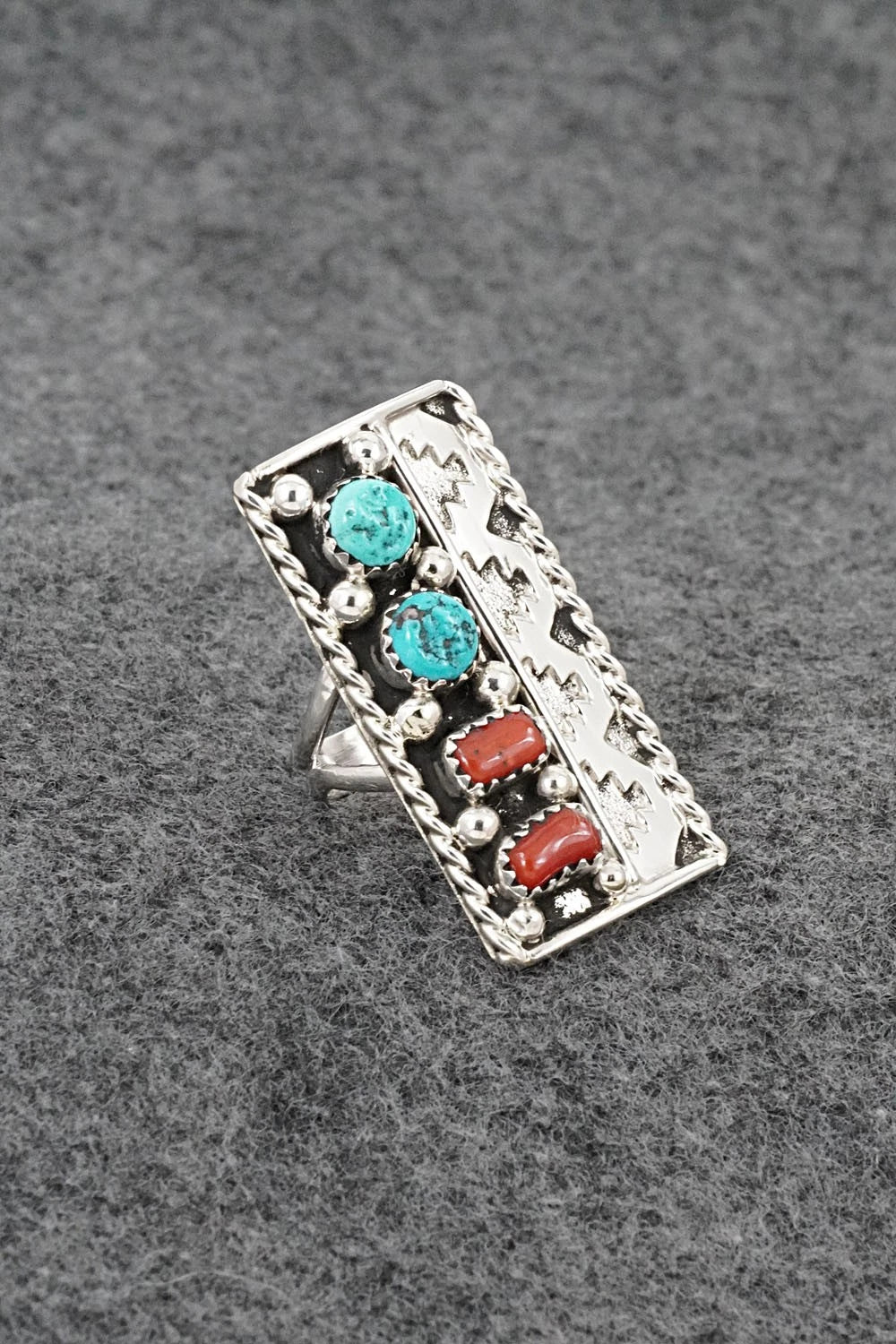Turquoise, Coral & Sterling Silver Ring - Ronnie Spencer - Size 6.5