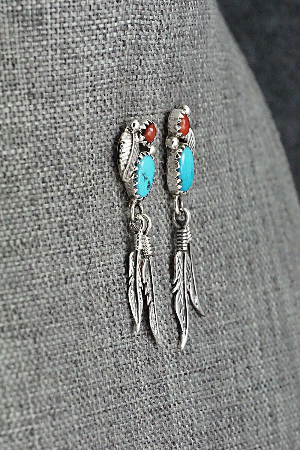 Turquoise, Coral & Sterling Silver Earrings - Marie Jones