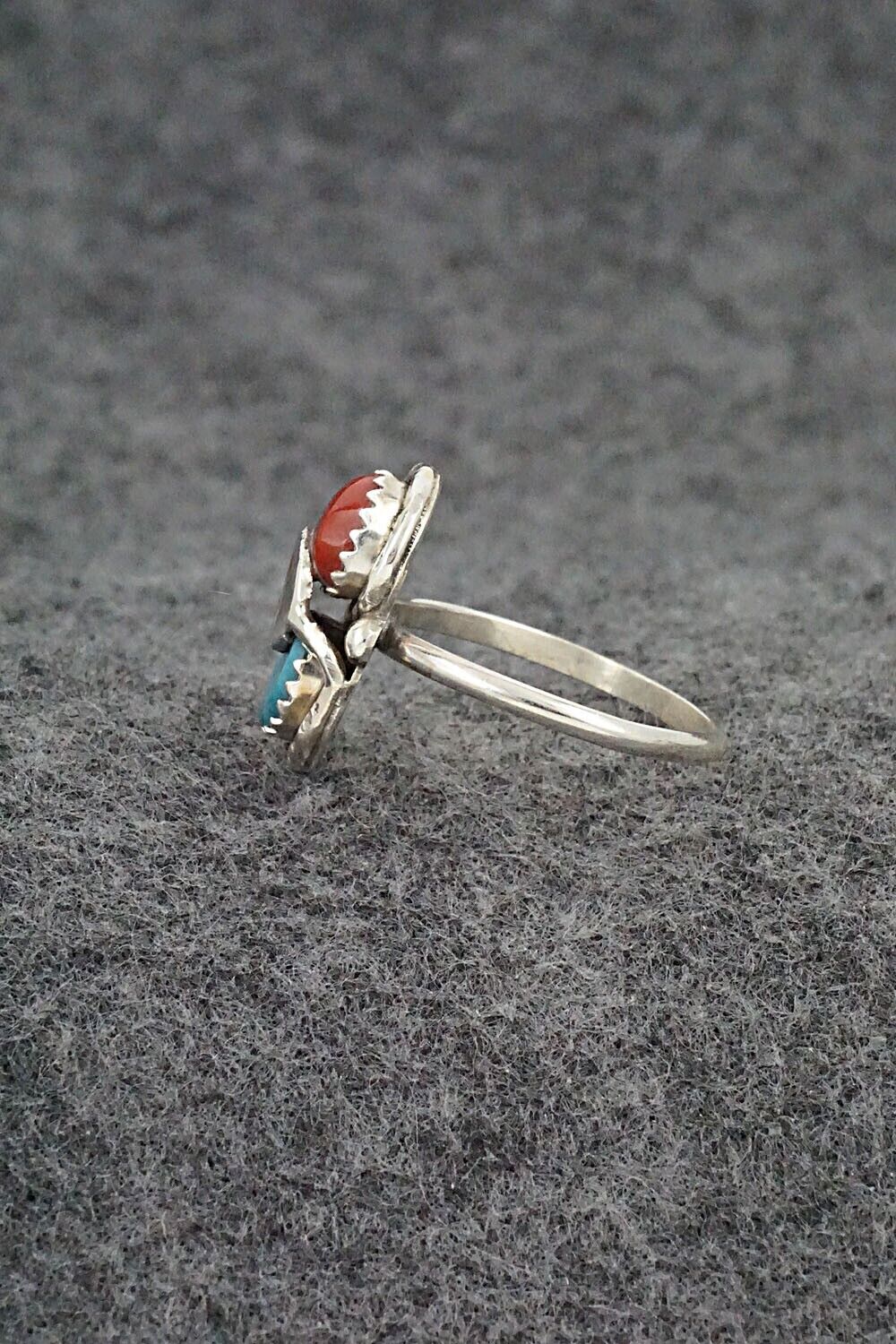 Turquoise, Coral & Sterling Silver Ring - Joy Calavaza - Size 8.5