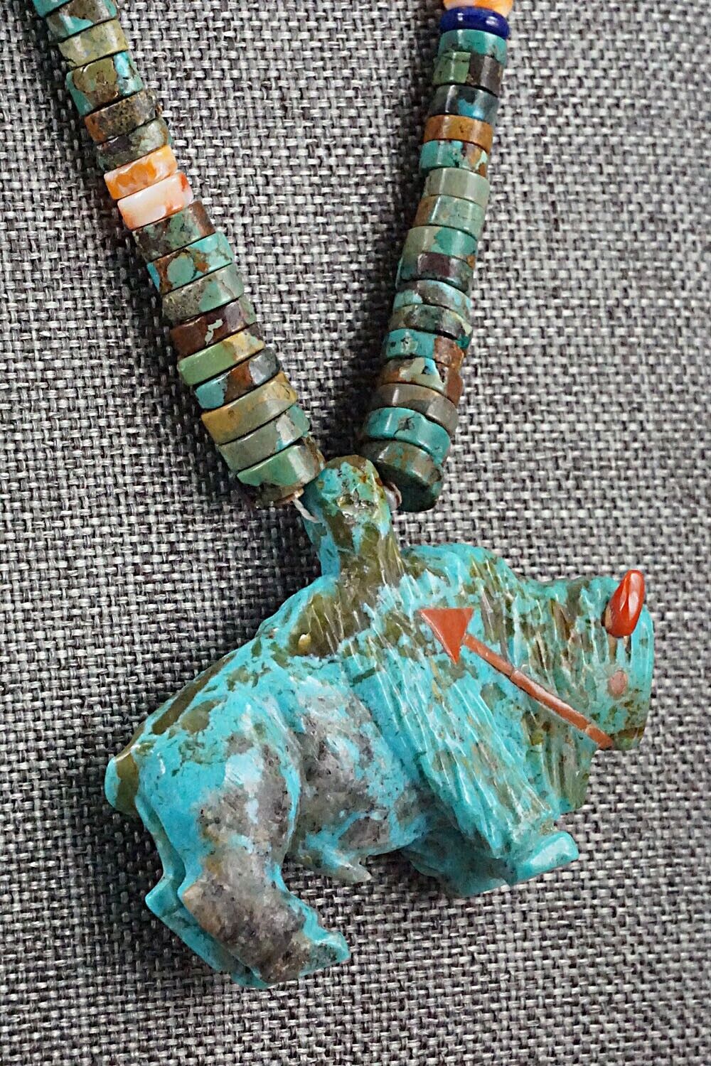 Multi Stone Buffalo Zuni Fetish Carving Beaded Necklace - Andres Quandelacy