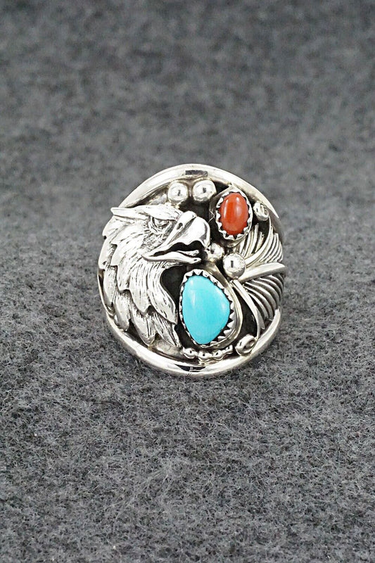 Turquoise, Coral & Sterling Silver Ring - Jeannette Saunders - Size 11