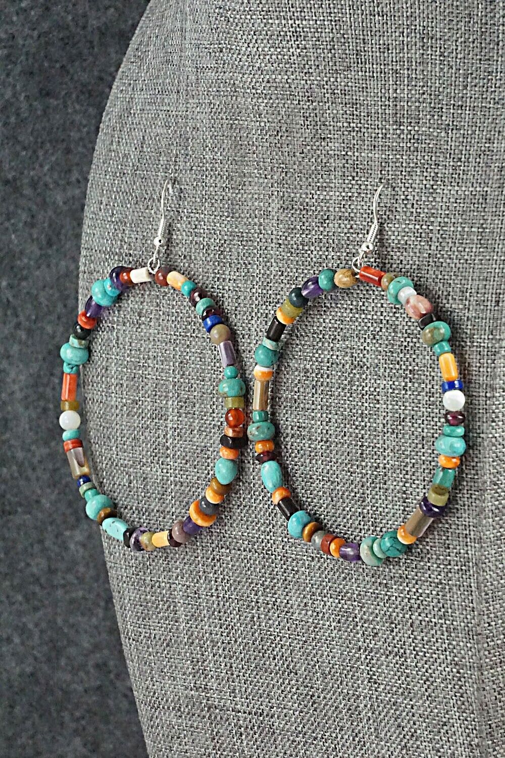 Multi Stone & Sterling Silver Hoop Earrings - Helen Tsosie