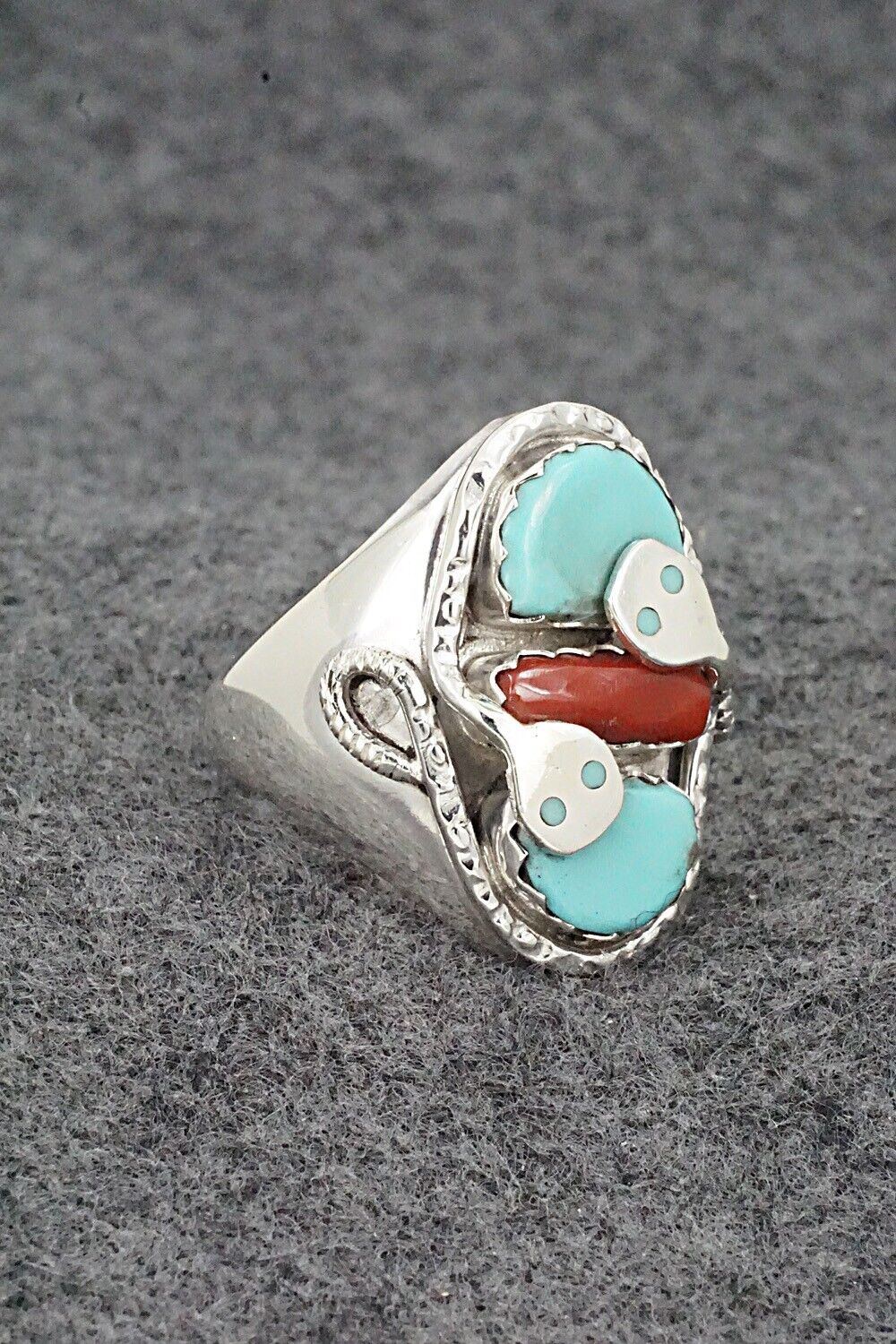 Turquoise, Coral & Sterling Silver Ring - Joy Calavaza - Size 12.5