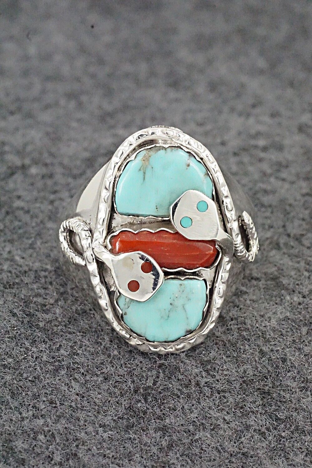 Turquoise, Coral & Sterling Silver Ring - Joy Calavaza - Size 14