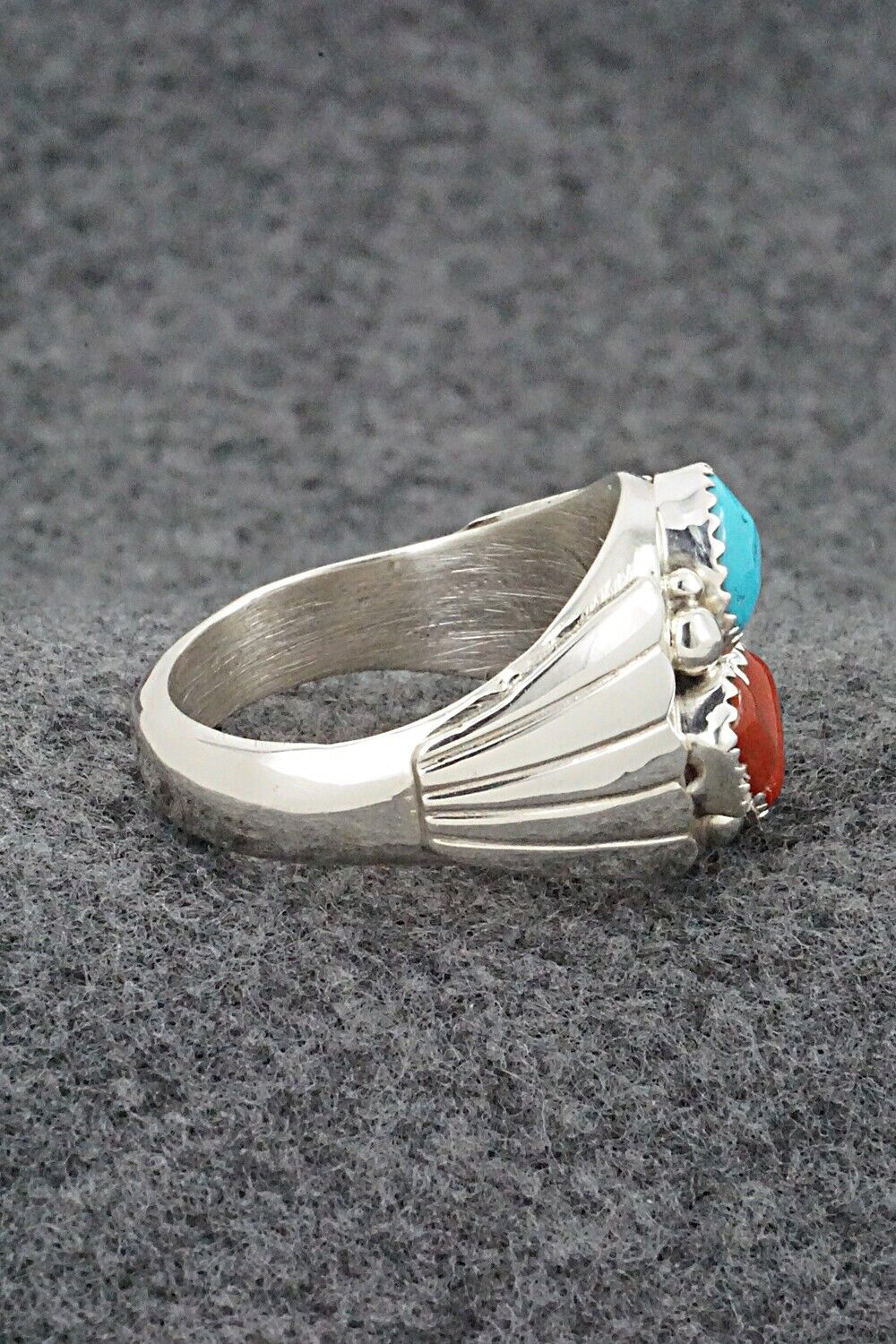 Turquoise, Coral & Sterling Silver Ring - Anna Spencer - 13.5