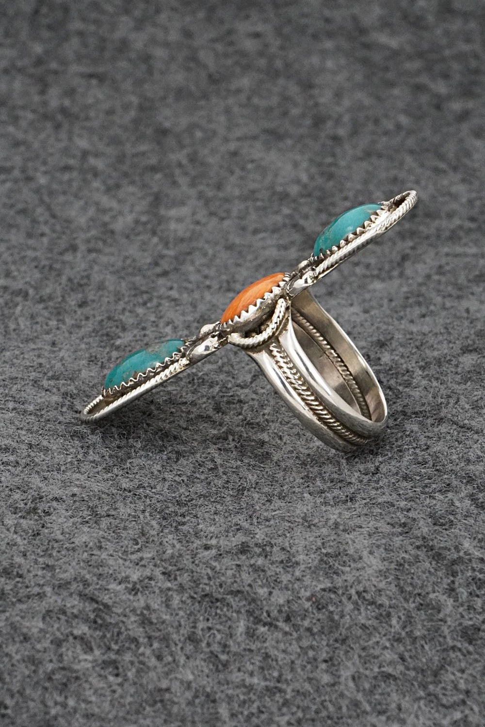 Turquoise, Spiny Oyster & Sterling Silver Ring - Priscilla Reeder - Size 8.5