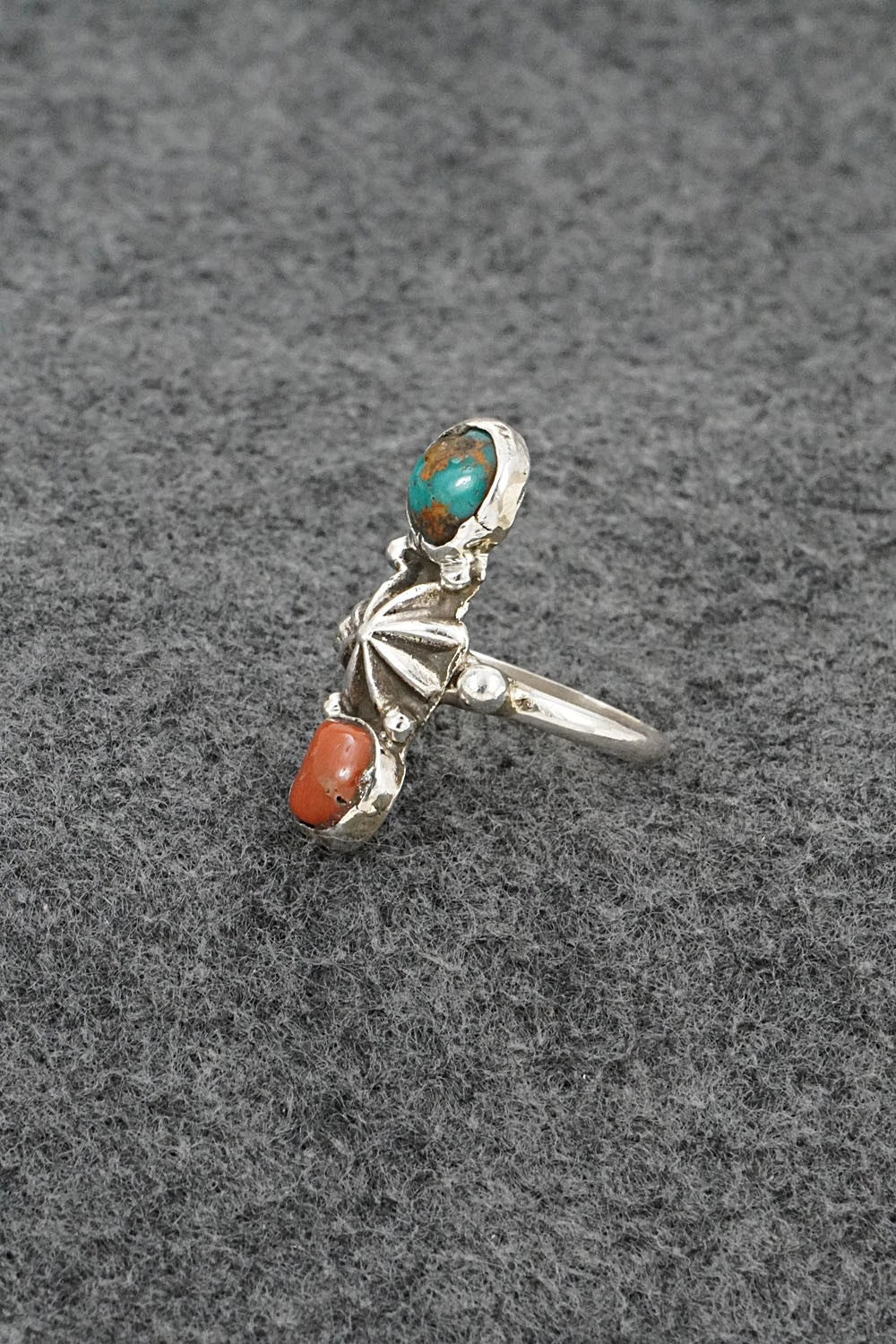 Turquoise, Coral & Sterling Silver Ring - Priscilla Reeder - Size 8