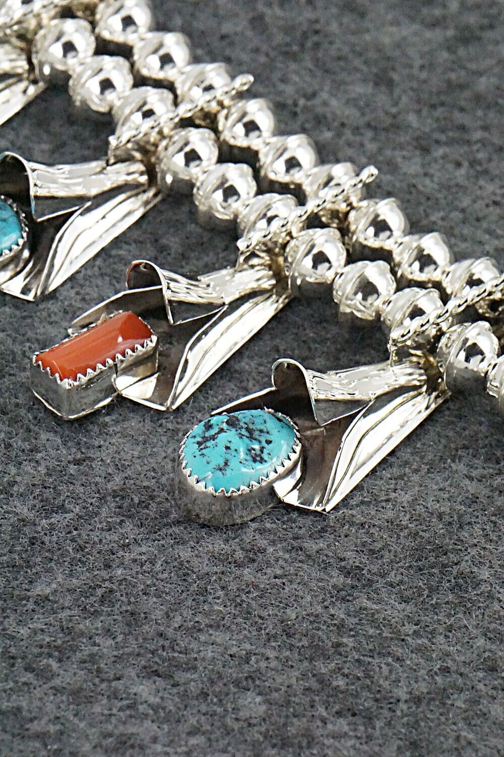 Turquoise, Coral & Sterling Silver Squash Blossom Set - Louise Yazzie