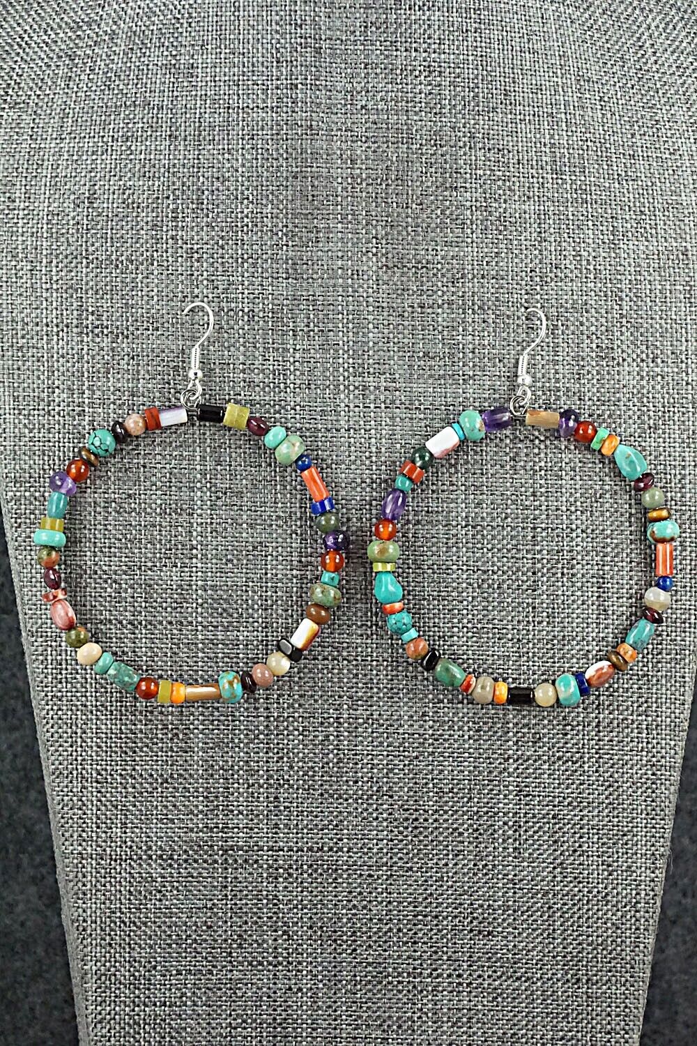 Multi Stone & Sterling Silver Hoop Earrings - Helen Tsosie
