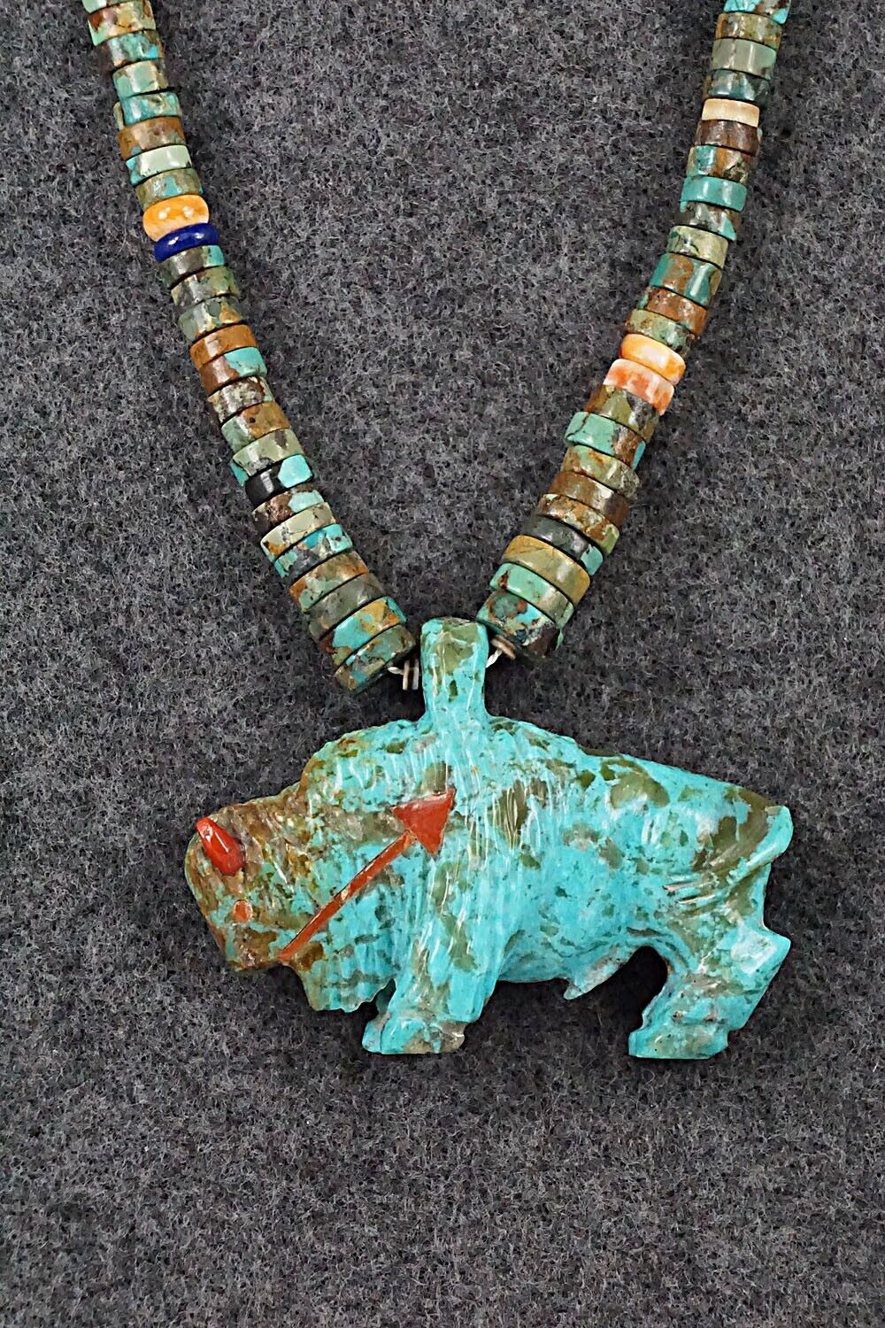 Multi Stone Buffalo Zuni Fetish Carving Beaded Necklace - Andres Quandelacy