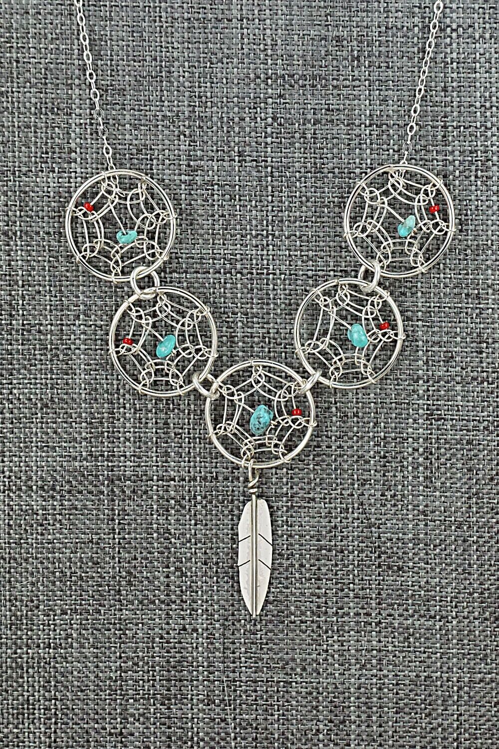 Turquoise, Coral & Sterling Silver Necklace - Lorenzo Arviso Jr.