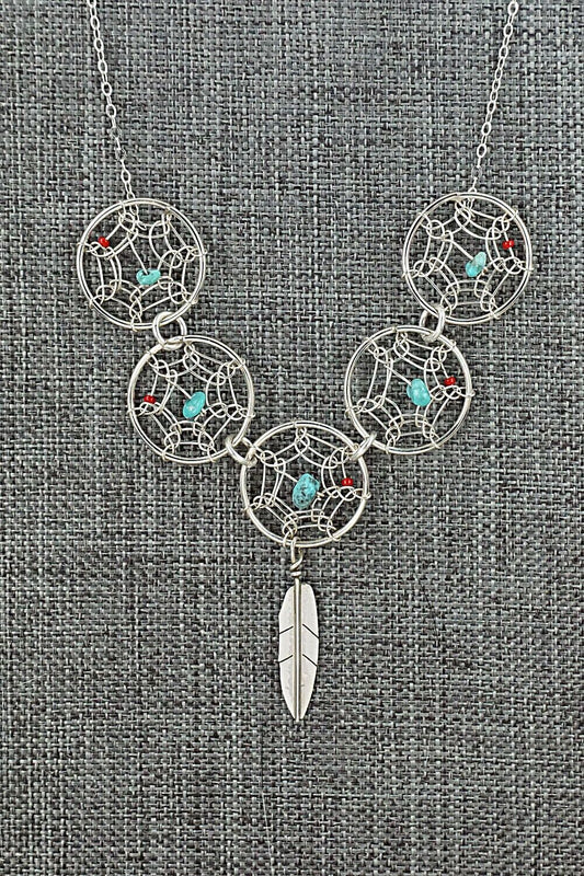 Turquoise, Coral & Sterling Silver Necklace - Lorenzo Arviso Jr.