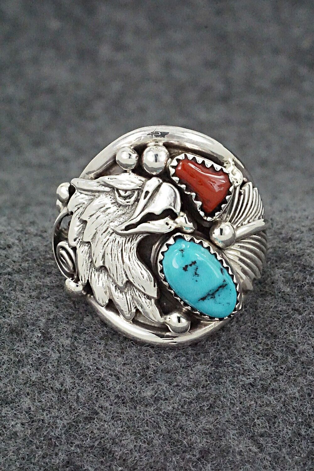 Turquoise, Coral & Sterling Silver Ring - Jeannette Saunders - Size 11