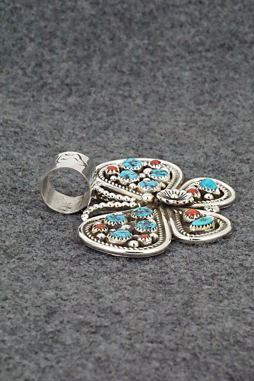 Turquoise, Coral & Sterling Silver Pendant - Darlene Begay